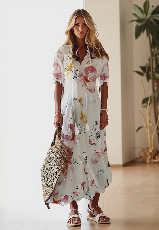 Damen Maxikleid Boho Print V-Ausschnitt Sommerkleid Elegant Luftig - Eveloria