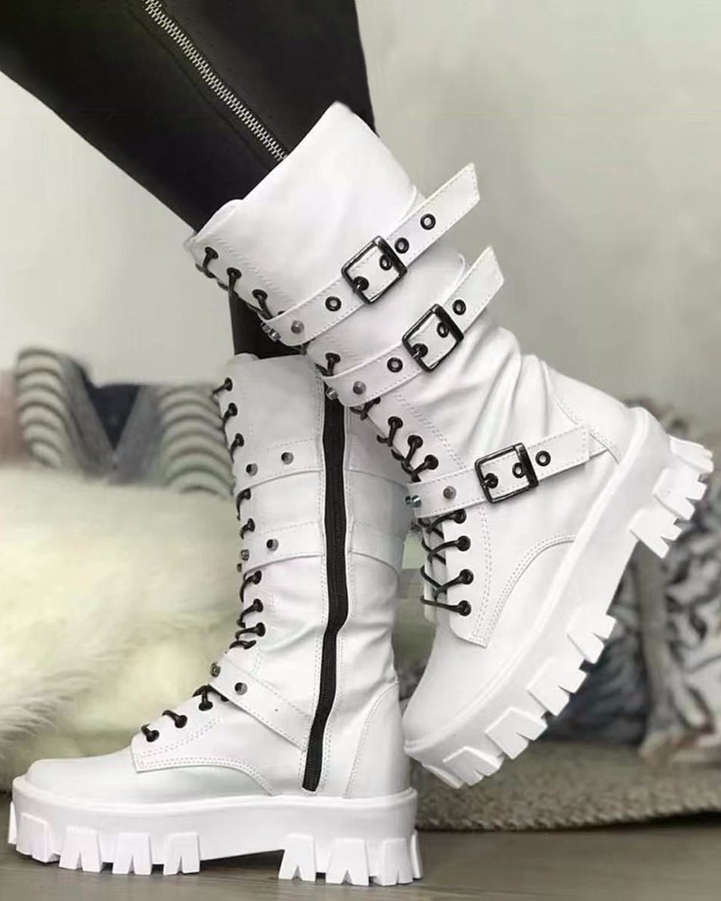 Damen Military Boots Robust Schnürung Verstellbare Schnallen