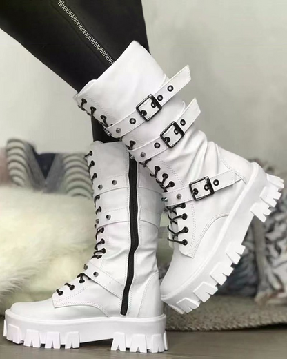Damen Military Boots Robust Schnürung Verstellbare Schnallen