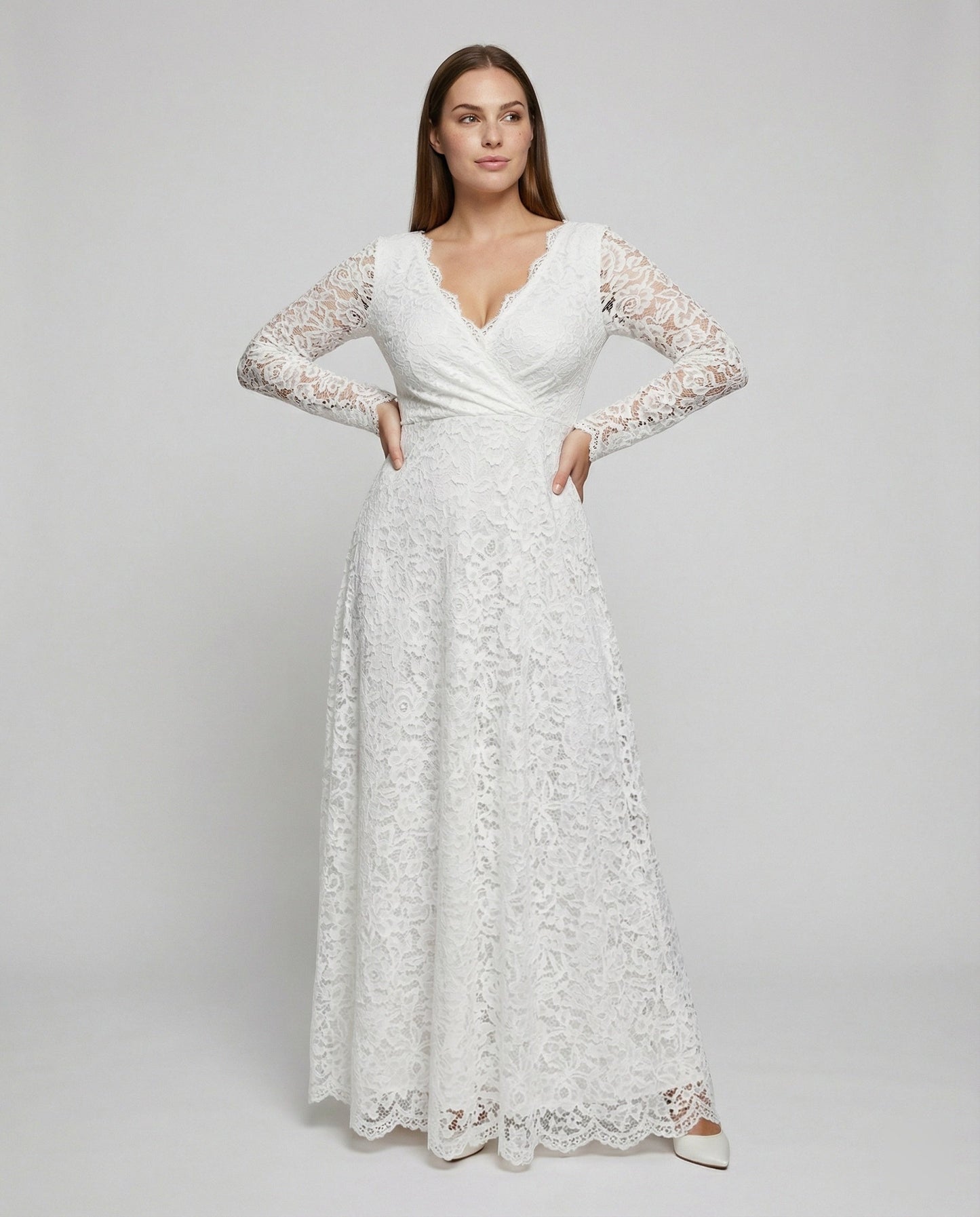 Eveloria Damen Umstandsmode Maxikleid Spitze V-Ausschnitt Weiß - Eveloria