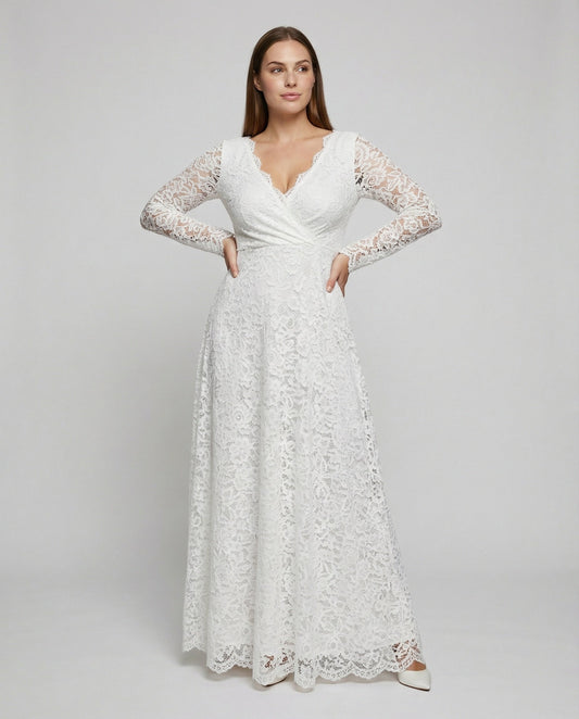 Eveloria Damen Umstandsmode Maxikleid Spitze V-Ausschnitt Weiß - Eveloria