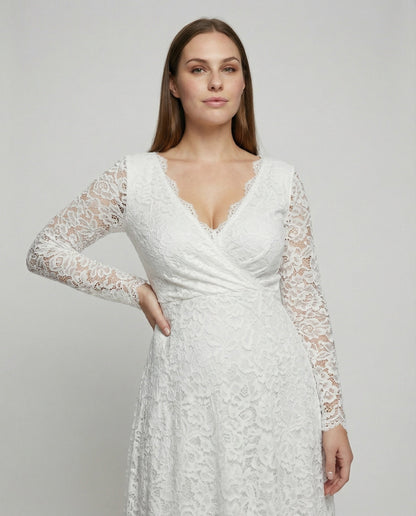 Eveloria Damen Umstandsmode Maxikleid Spitze V-Ausschnitt Weiß