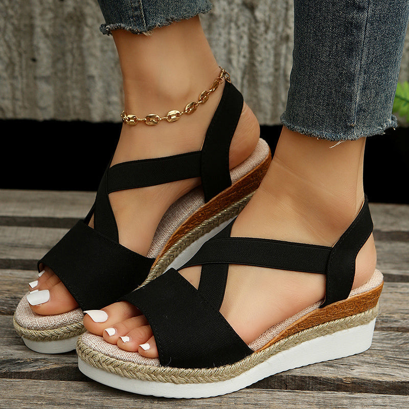 Eveloria Damen Keilsandalen Plateau Gladiator Leder