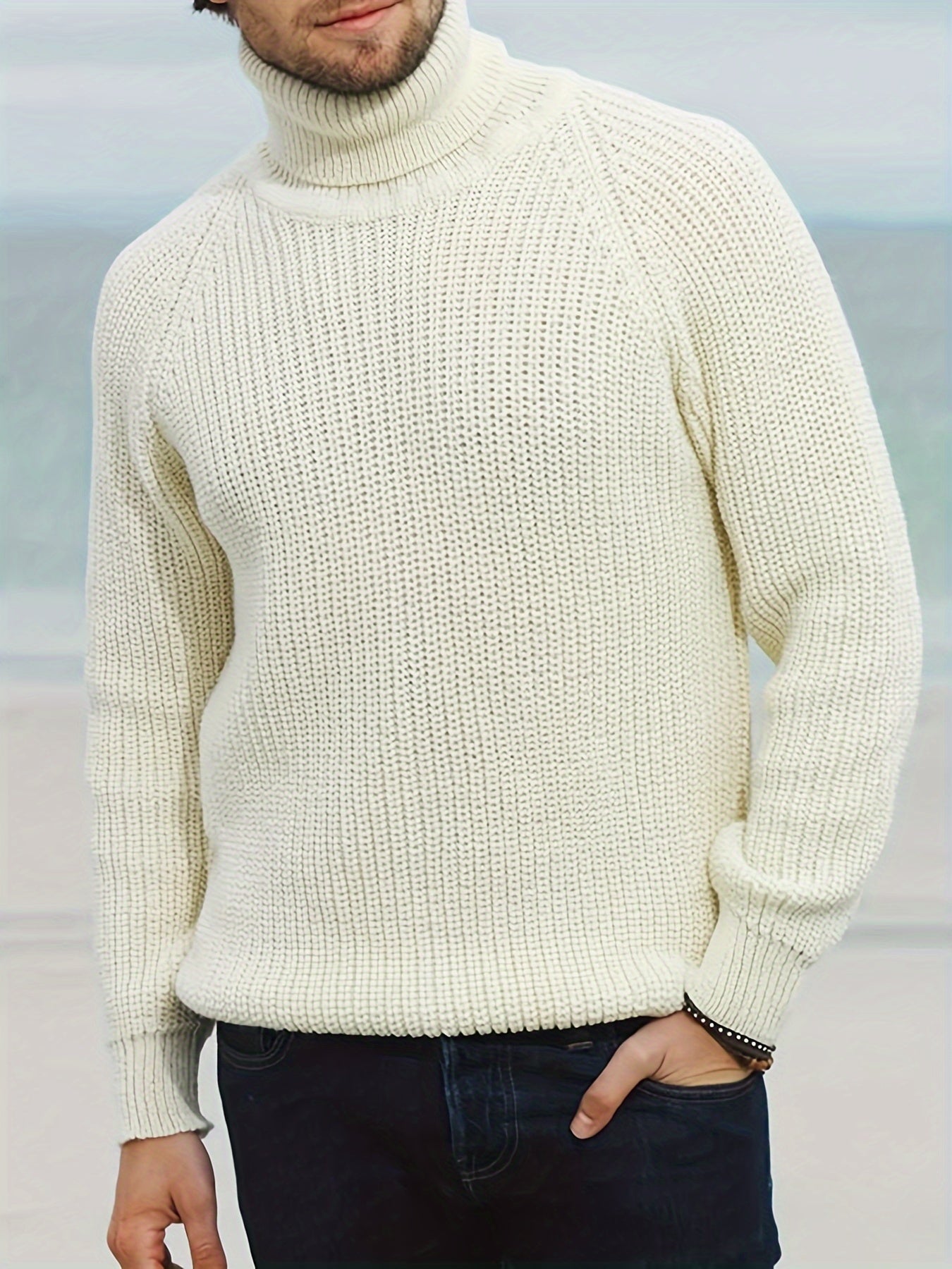 Herren Strickpullover Rollkragen Warm Beige