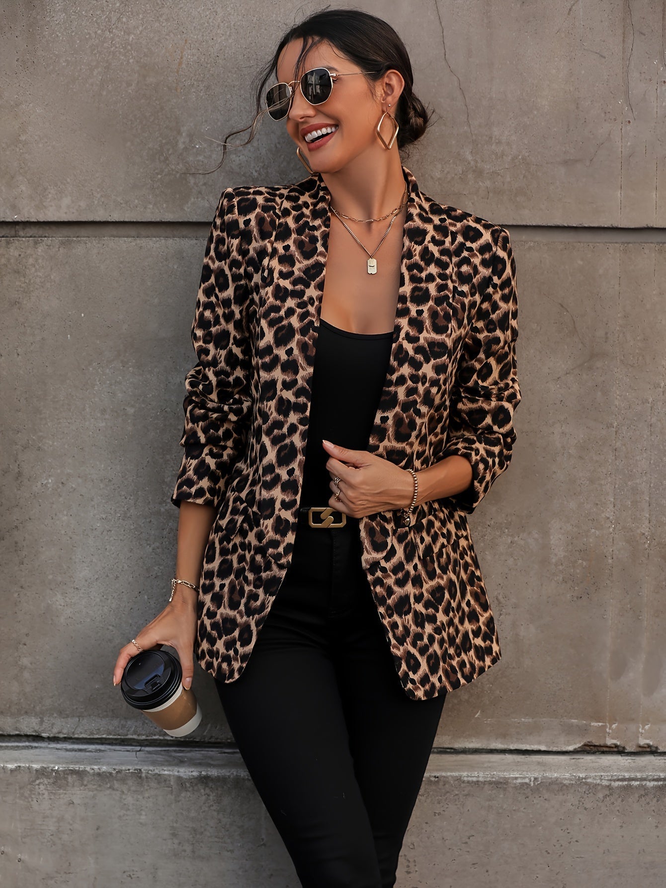 Eveloria Damen Business Langblazer Leopardenmuster