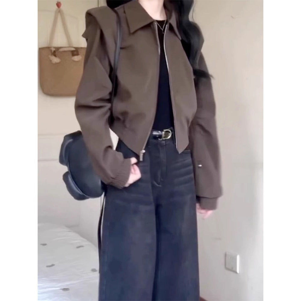 Damen Kurzjacke Braun Reißverschluss Langarm