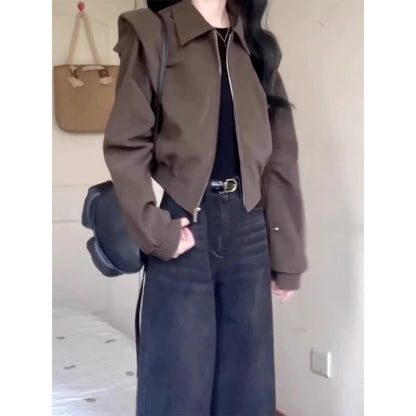 Damen Kurzjacke Braun Reißverschluss Langarm