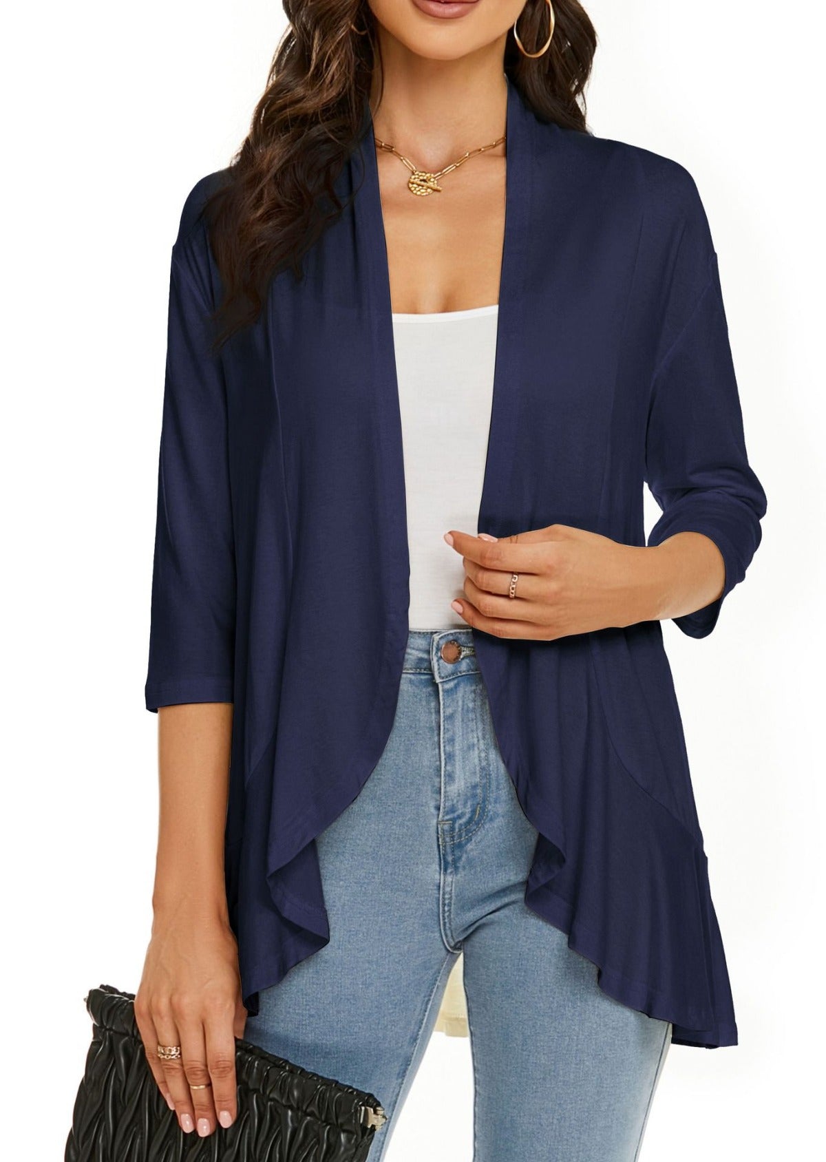 Eveloria Damen Strickjacke Einfarbig 7/8 Ärmel Rüschenrand