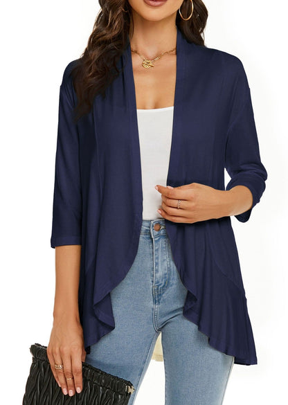Eveloria Damen Strickjacke Einfarbig 7/8 Ärmel Rüschenrand
