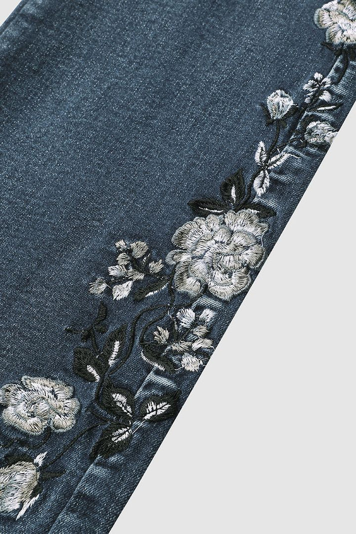 Eveloria Damen Mittel Taille Jeans Flamingo Bestickt