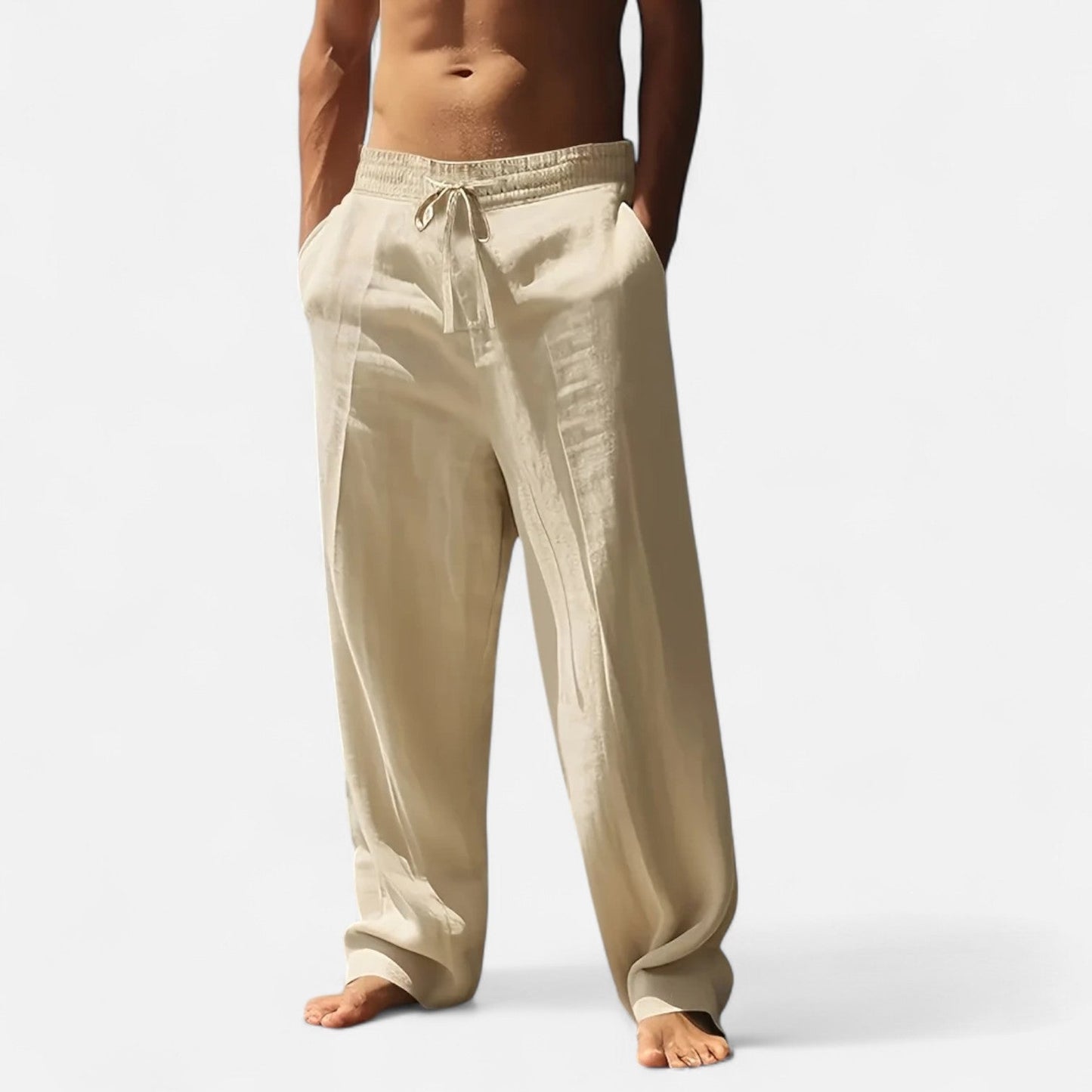 Herren Leinenhose Lockerer Schnitt Elastischer Bund Beige