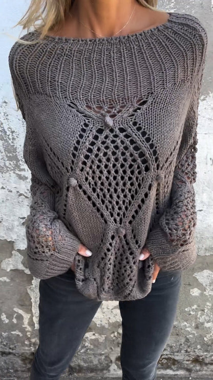 Brenneth Damen Langarm-Stricktop Rundhalsausschnitt Hohldesign - Eveloria