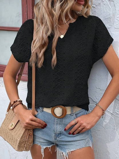 Eveloria Damen T-Shirt Eingekerbter Ausschnitt Lochstickerei