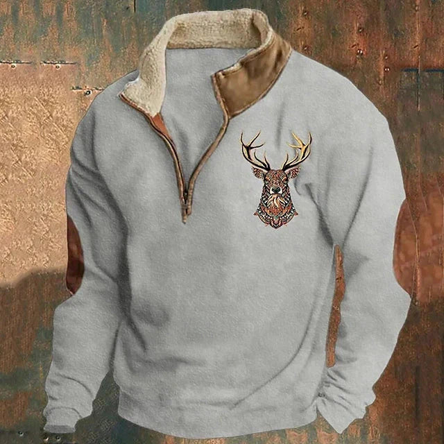 Herren Fleece Pullover Warm Stehkragen Reißverschluss Hirsch Stickerei