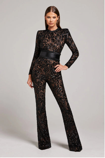 Damen Blumenjumpsuit Langarm Ausgestelltes Bein - Eveloria