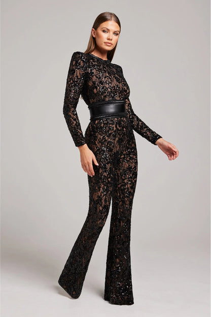 Damen Blumenjumpsuit Langarm Ausgestelltes Bein