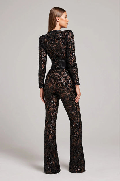 Damen Blumenjumpsuit Langarm Ausgestelltes Bein