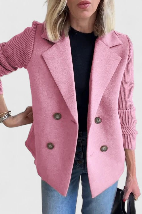 Damen Blazer Strickärmel Doppelreihe Elegant Schwarz - Eveloria