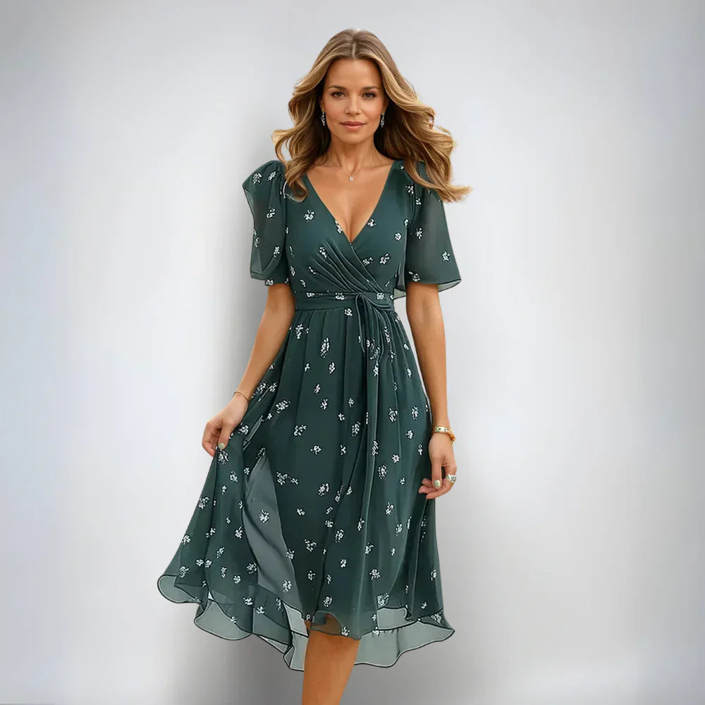 Damen Sommerkleid Kurzarm Blumen Midi - Eveloria