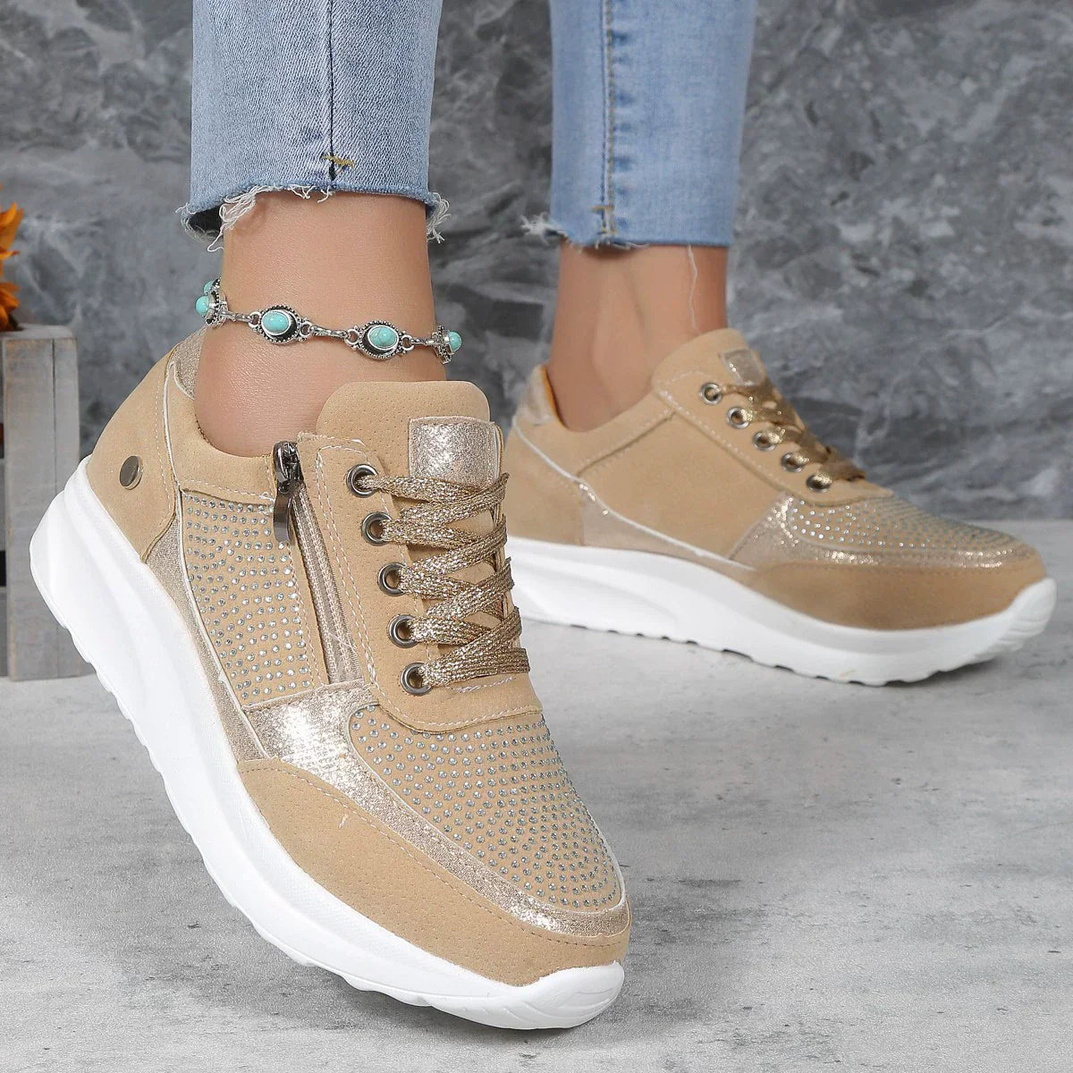 Damen Plateau Sneaker Schnürung Reißverschluss