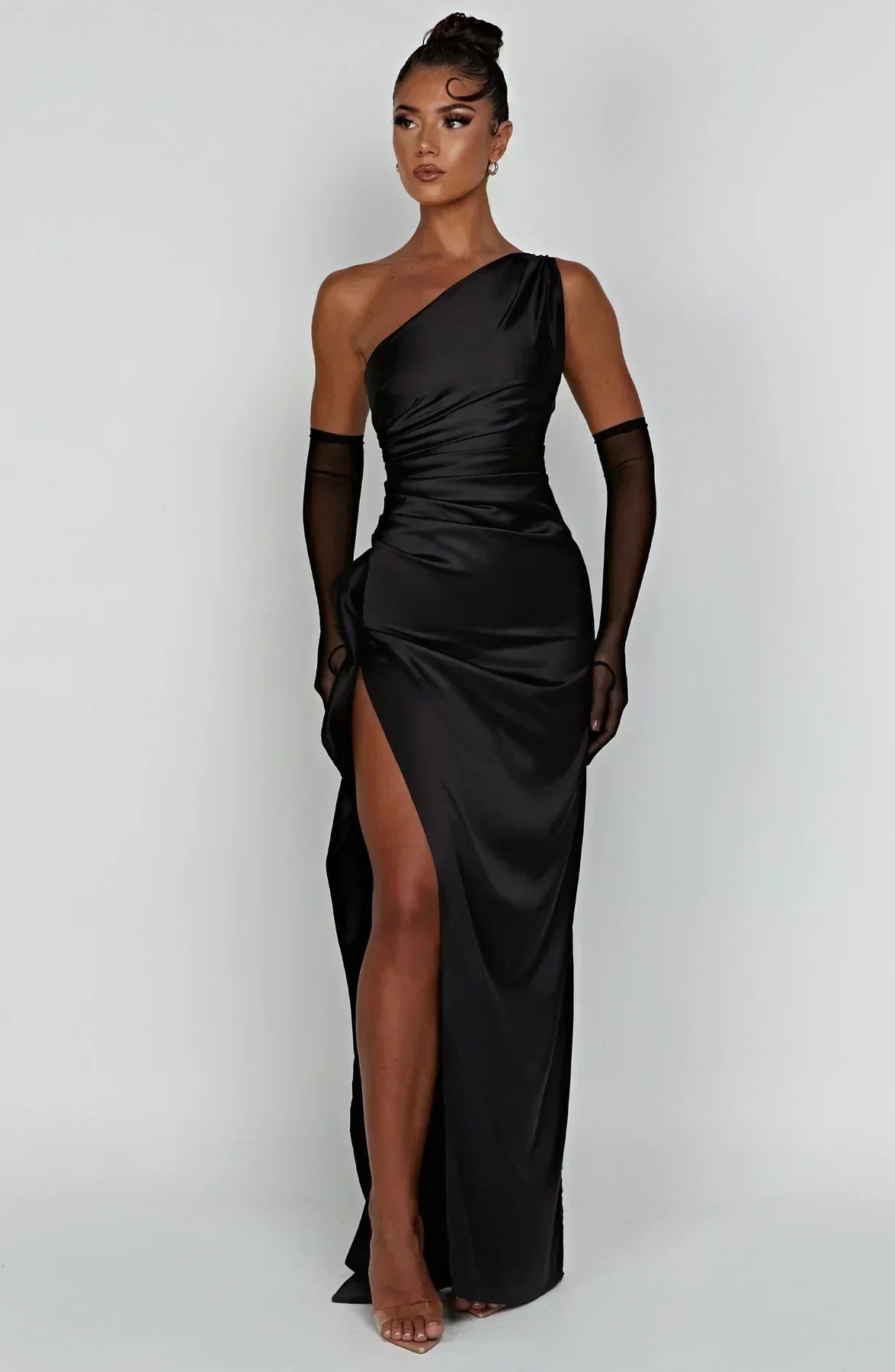 Damen Maxikleid Satin Einer Schulter Plissee