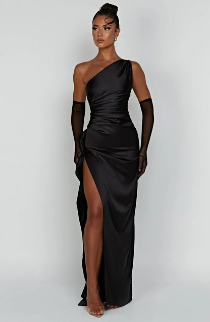 Damen Maxikleid Satin Einer Schulter Plissee