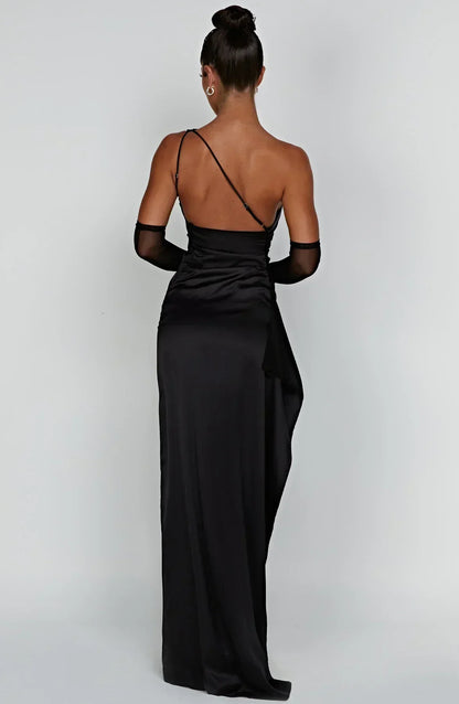 Damen Maxikleid Satin Einer Schulter Plissee