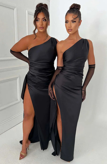 Damen Maxikleid Satin Einer Schulter Plissee