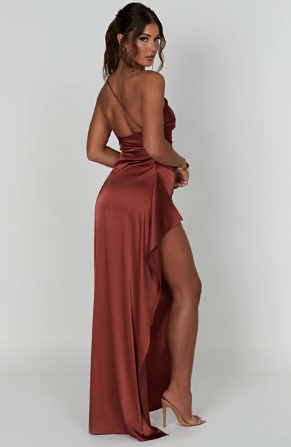 Damen Maxikleid Satin Einer Schulter Plissee