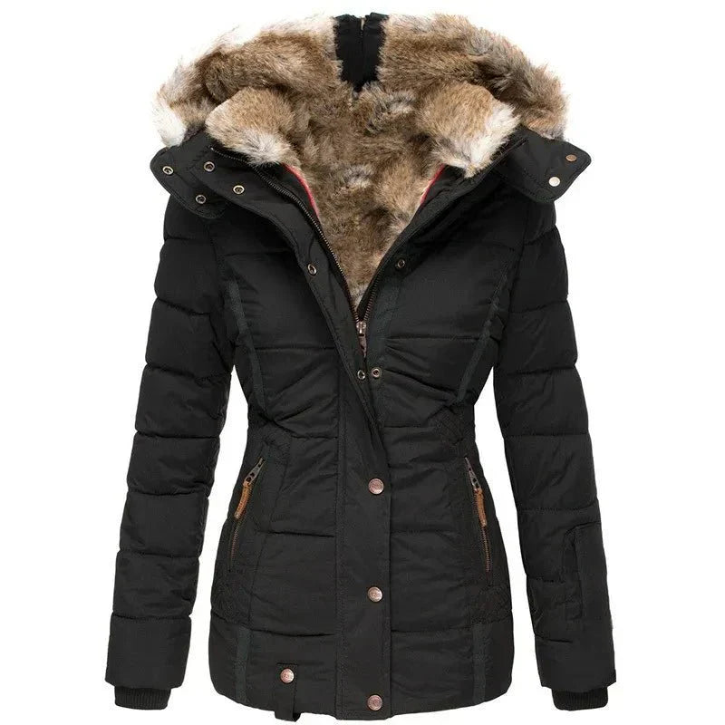 Damen Warme Langjacke Fleece Winterjacke Schwarz - Eveloria