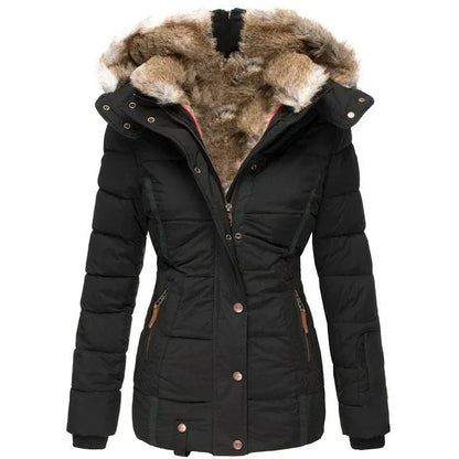 Damen Warme Langjacke Fleece Winterjacke Schwarz - Eveloria
