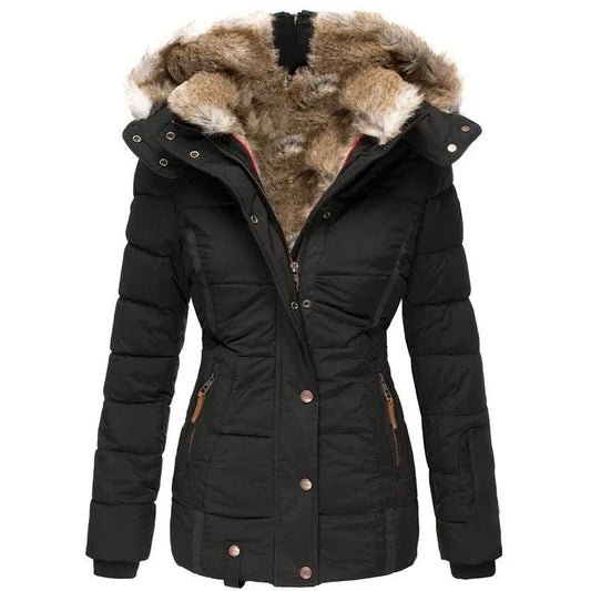 Damen Warme Langjacke Fleece Winterjacke Schwarz - Eveloria