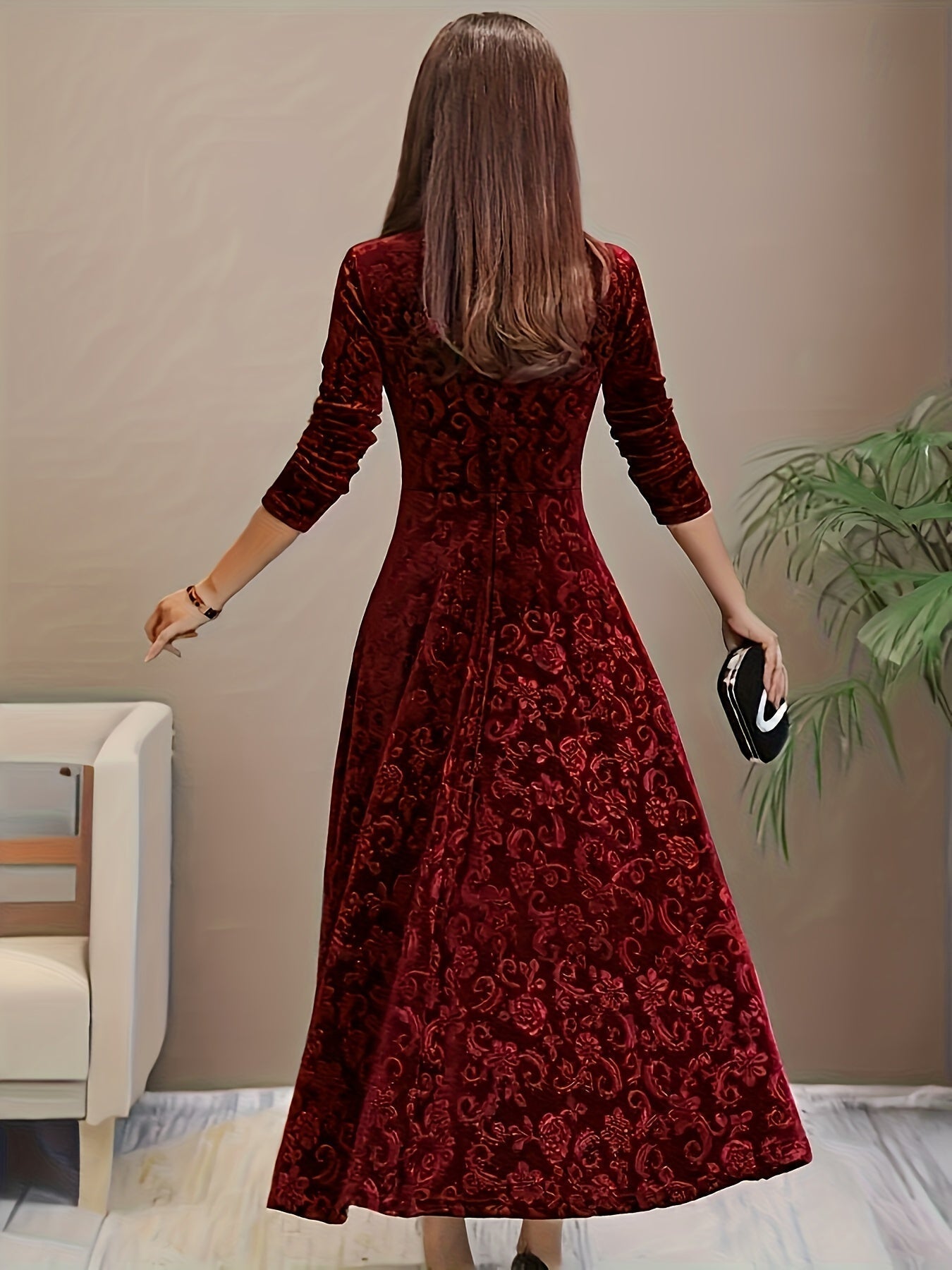 Damen Samt-Kleid Floralmuster Formell