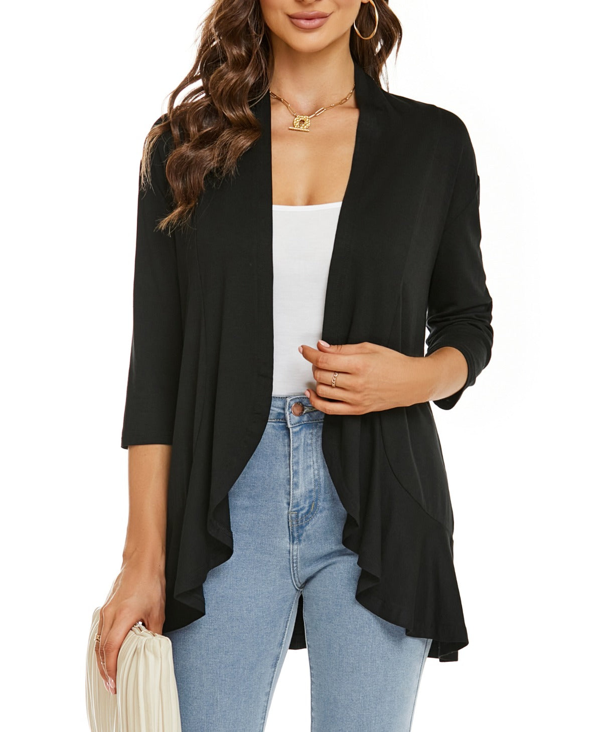 Eveloria Damen Strickjacke Einfarbig 7/8 Ärmel Rüschenrand