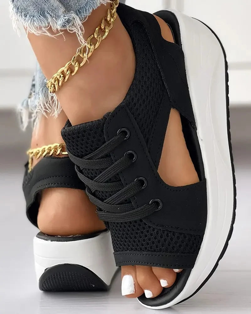 Eveloria Damen Muffin-Sandalen Kontrastausschnitt Schnürsenkel