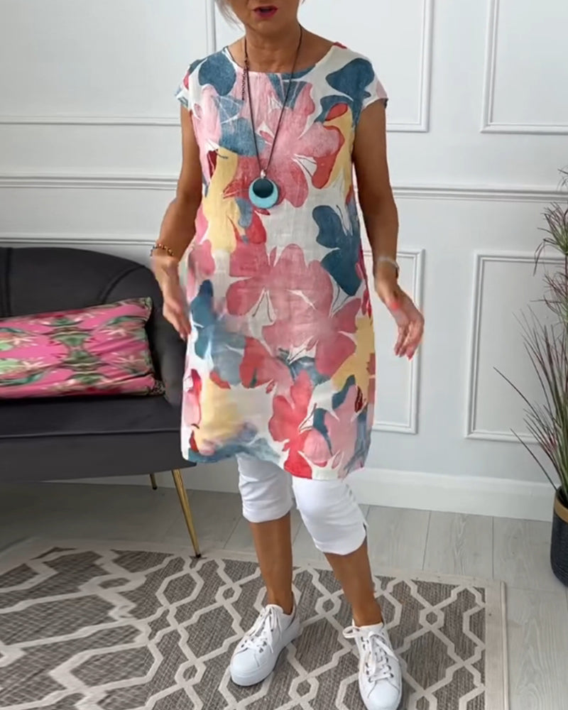 Damen Longtop Blumenprint Farbig Baumwolle Relaxed Fit
