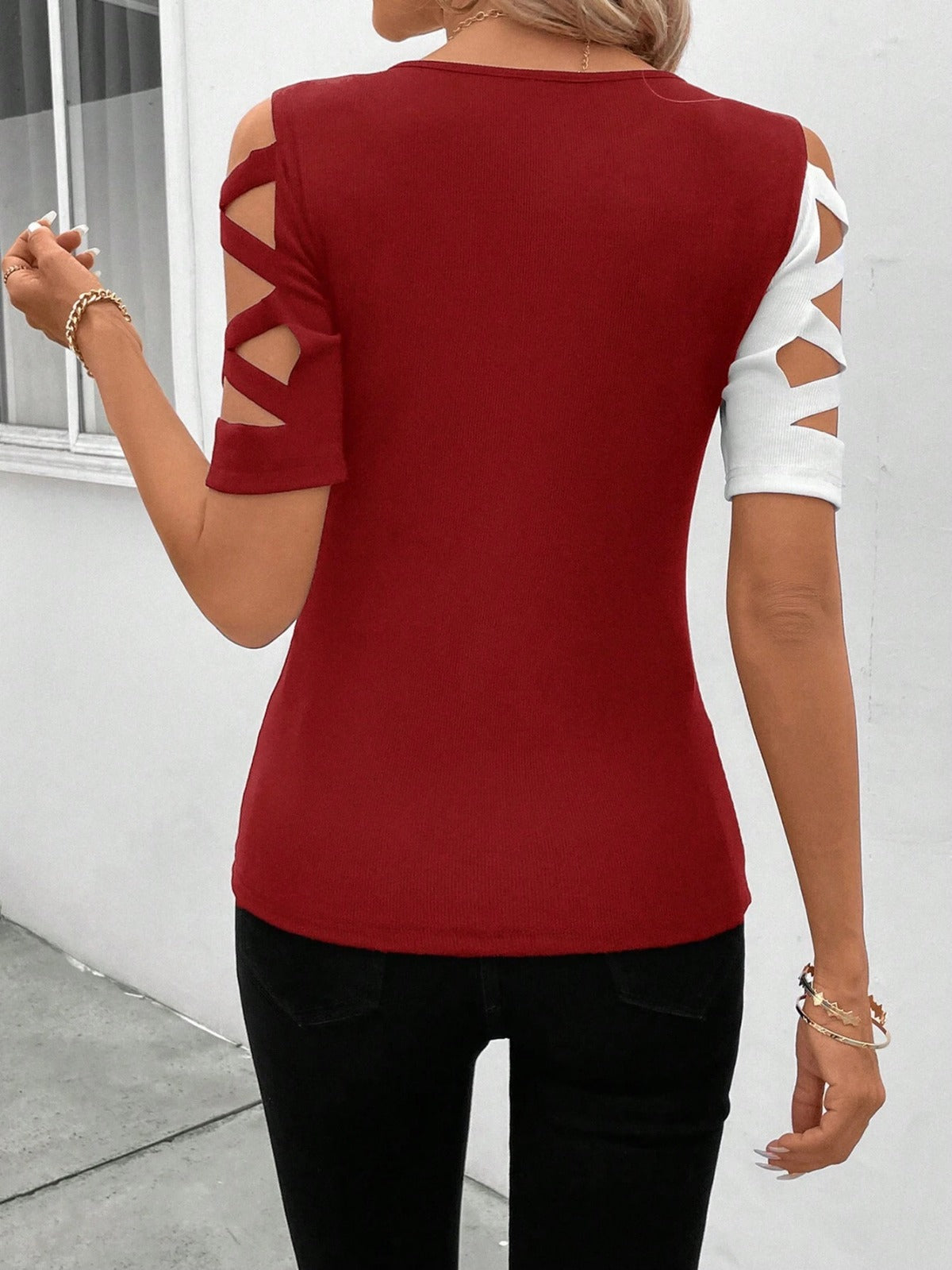 Damen Klassisches T-Shirt Schulterfrei Slim Fit Weiß