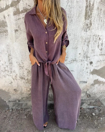 Damen Zweiteiler Uni weite Hose lockere Bluse