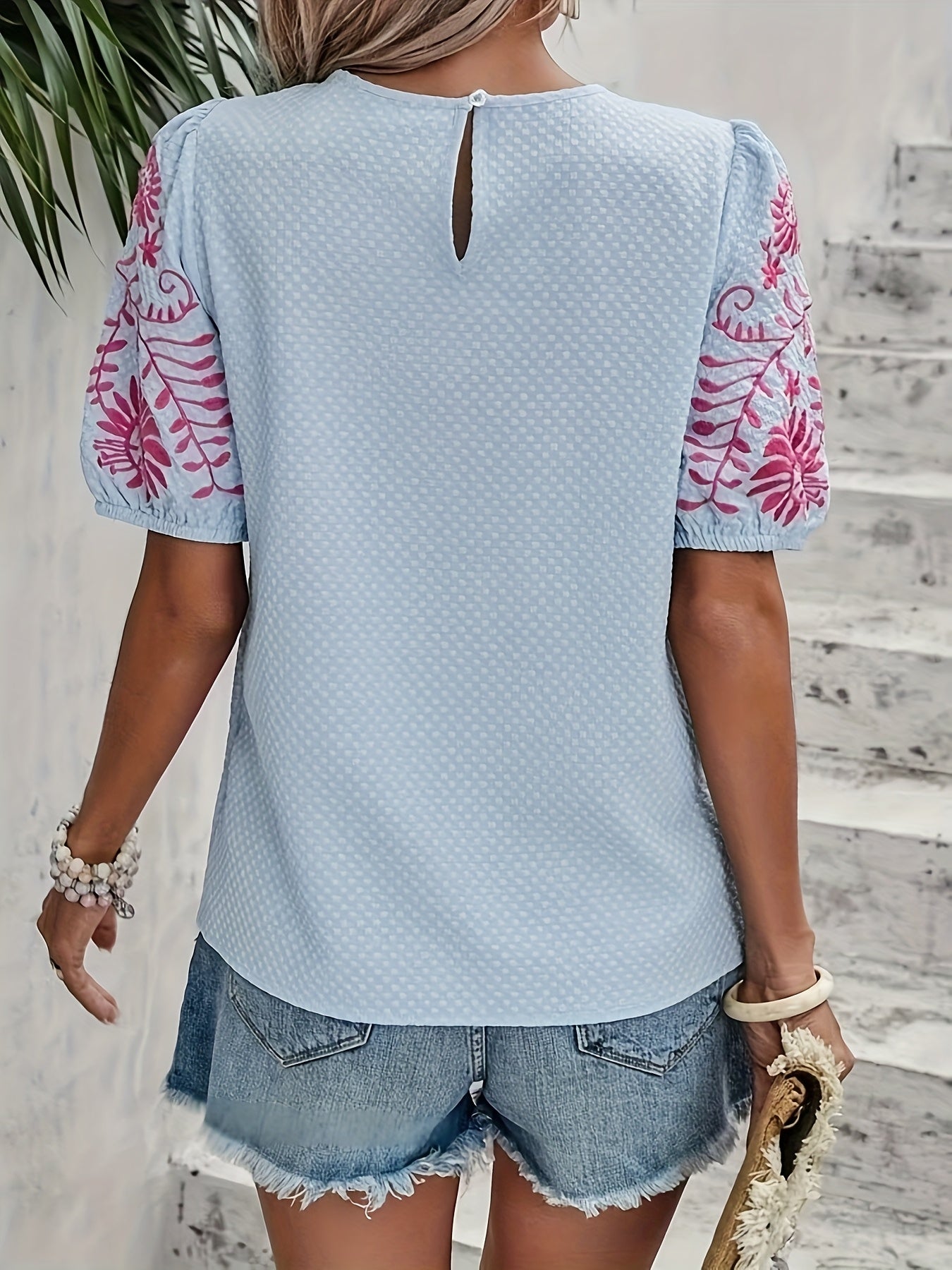 Damen Blusenshirt Puffärmel Florale Stickerei Sommerlich Weiß