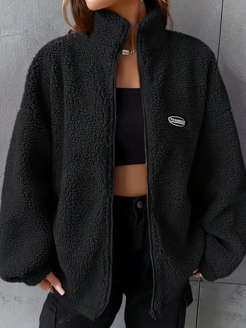 Damen Teddyjacke Lockere Passform Reißverschluss Tropfenschulter