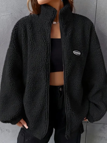 Damen Teddyjacke Lockere Passform Reißverschluss Tropfenschulter