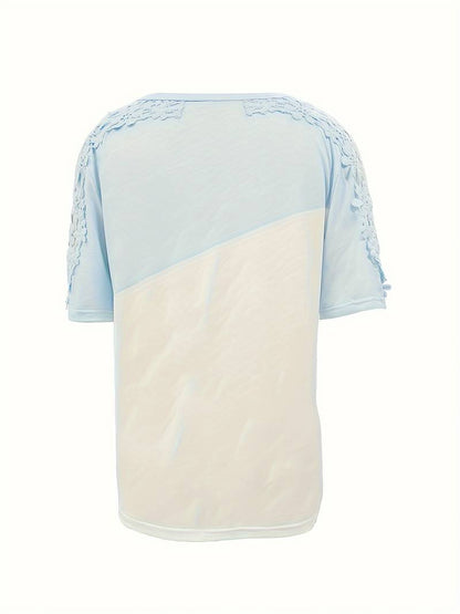 Eveloria Damen Rundhals T-Shirt Spitze Naht Einfarbig - Eveloria