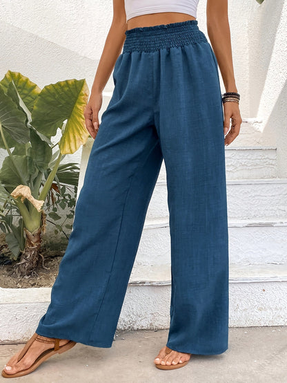 Damen Leinenhose Hohe Taille Elastisch Weites Bein Beige
