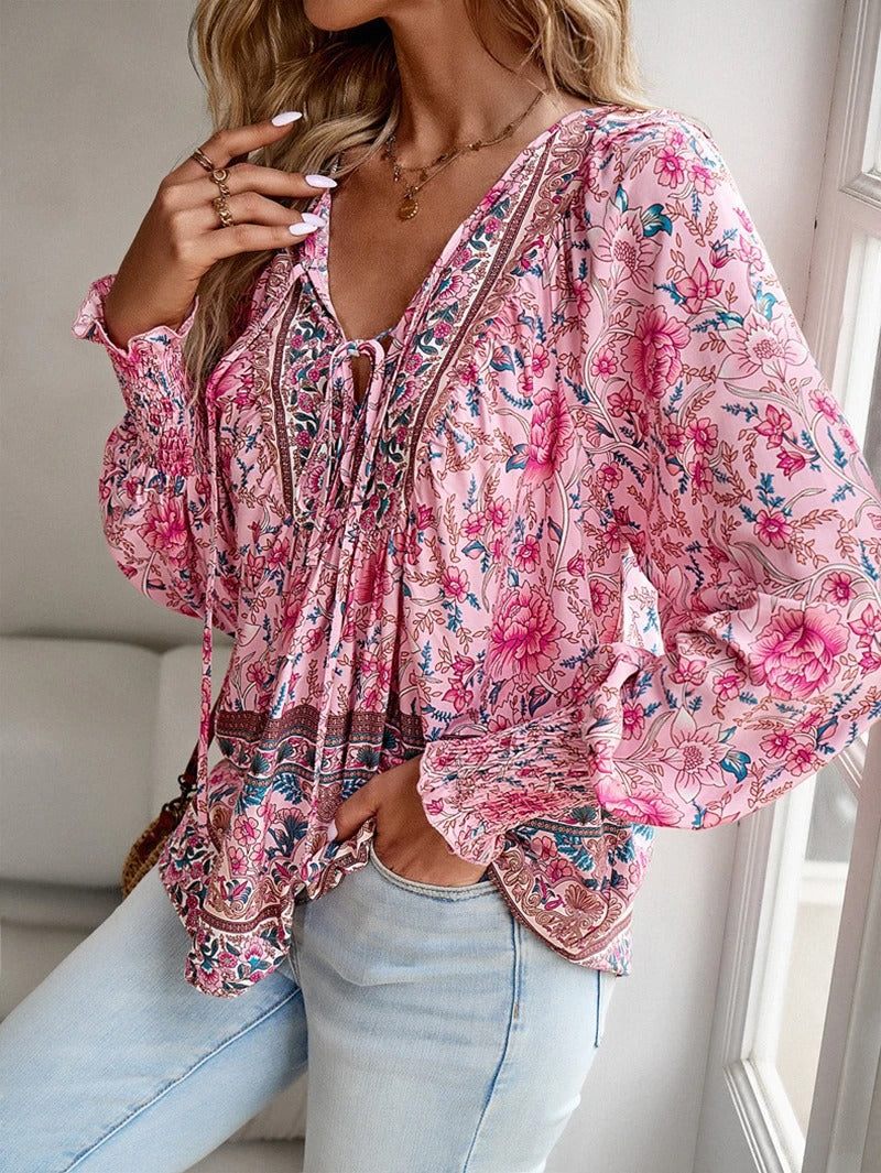 Damen Boho Bluse Blumenmuster Langärmlig Bindekragen