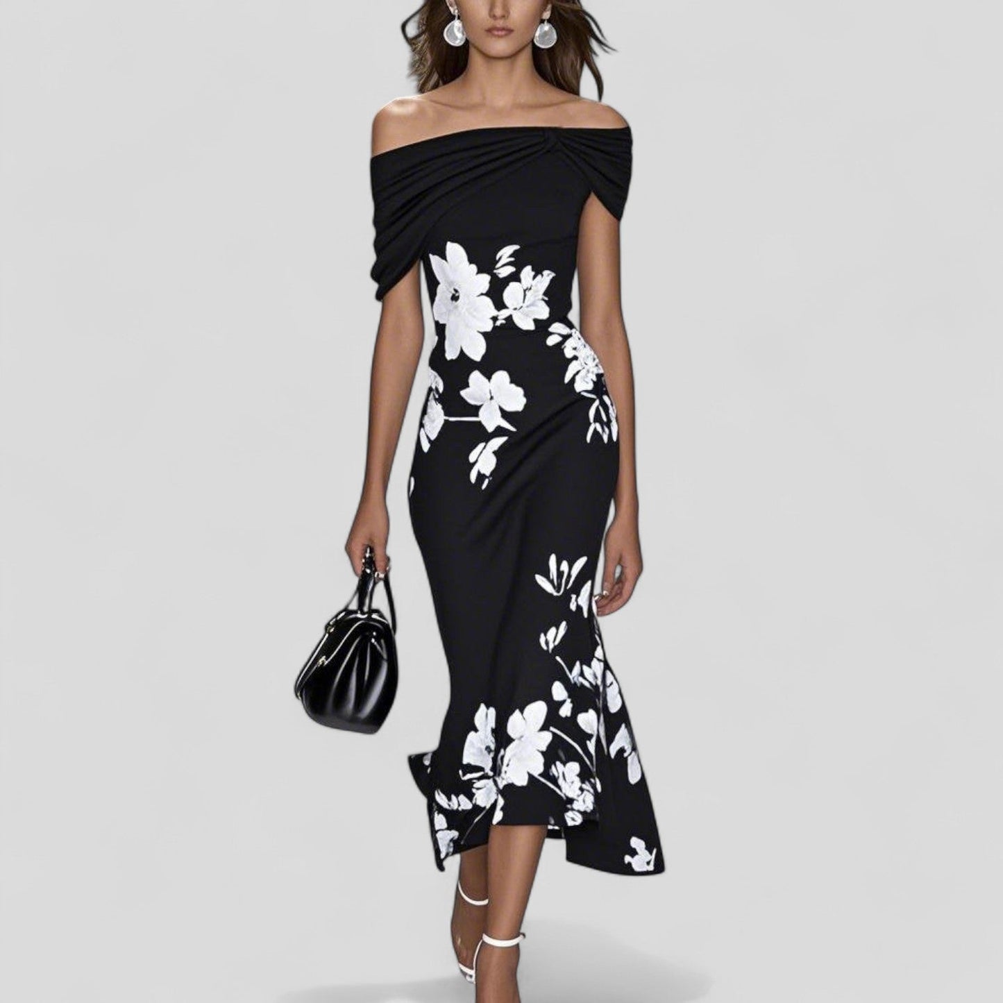 Damen Blumen Off-Shoulder Midi-Kleid