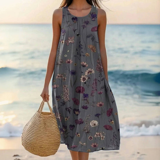 Damen Sommerkleid Grau Blumenmuster Rundhals Midi - Eveloria