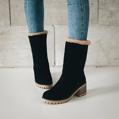 Damen Winterschuhe Slip-On Stiefel Warmfutter Blockabsatz