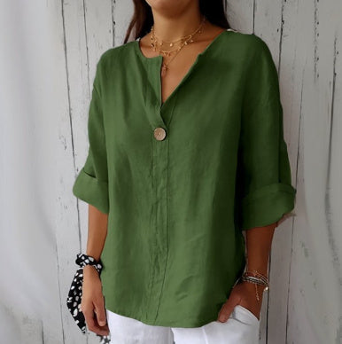 Damen Baumwoll T-Shirt V-Ausschnitt mit Knöpfen Leicht Beige