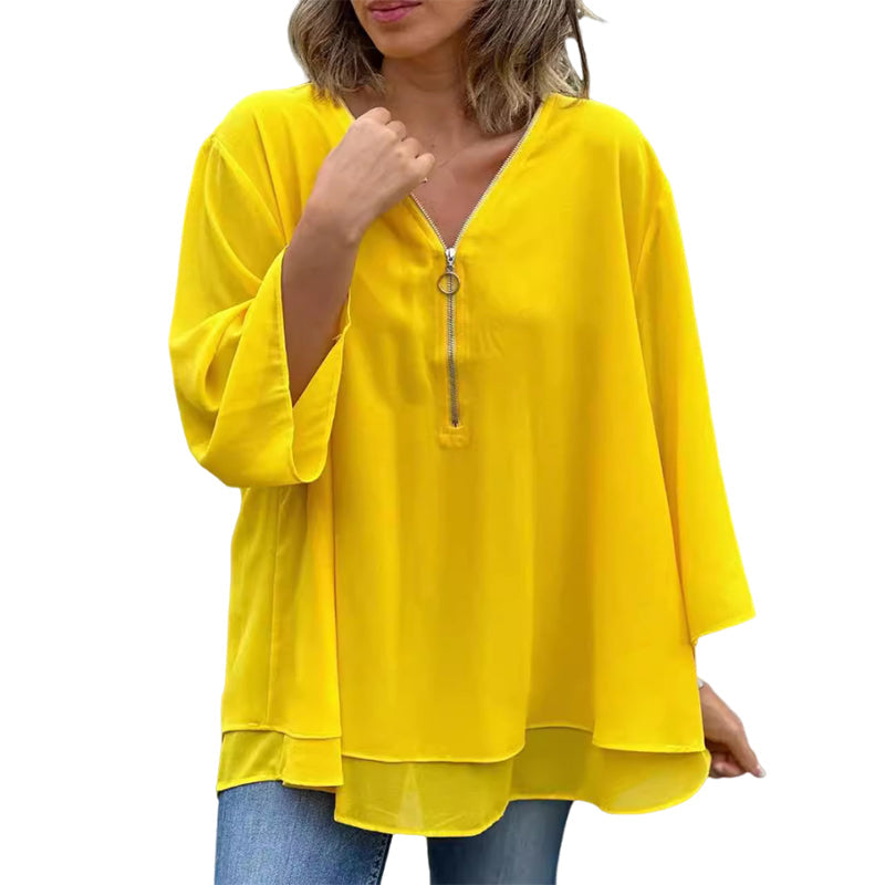Damen Chiffon V-Ausschnitt Reißverschluss Beige