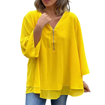Damen Chiffon V-Ausschnitt Reißverschluss Beige